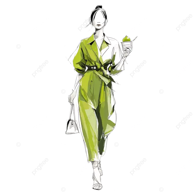 休闲风格 线稿 流畅的线条 极简主义 中国模特 抹茶冰淇淋服装 时装周 超现实主义美学 张力 姿势