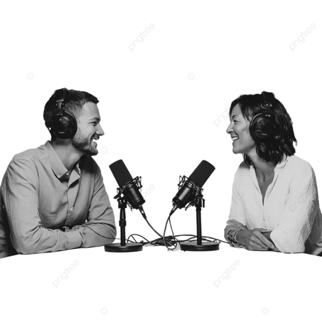 男人和女人在播客工作室商务休闲服装中微笑