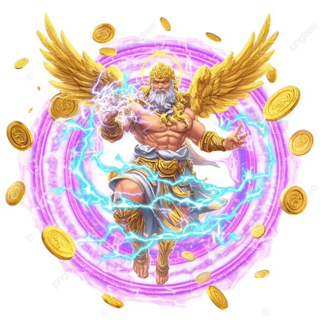 宙斯，雷神，长着金色的翅膀，手握闪电，周围环绕着金币和蓝色的火云