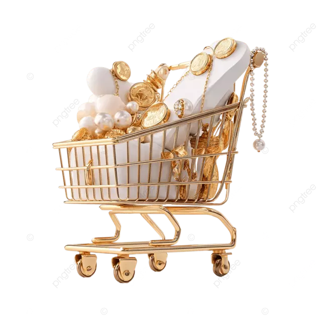 购物车里装满了金币和珠宝，3D UI 设计，白色背景上很可爱