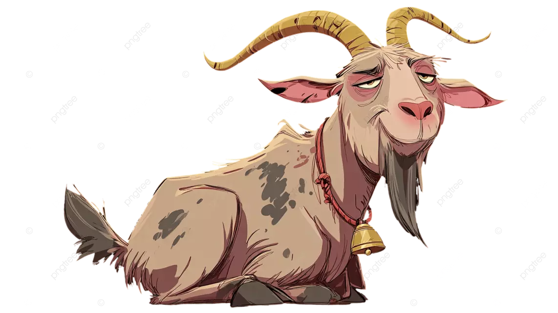 一只卡通山羊，长着弯弯的角，脖子上挂着一个黄色铃铛