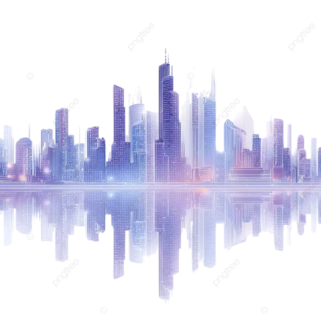 未来城市天际线以紫罗兰色和蓝色发光的点和线