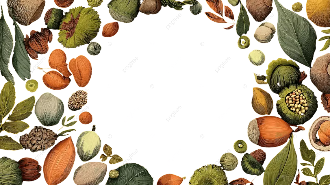 手绘坚果和绿叶的圆形框架