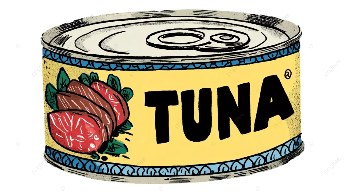 黑色背景上的黄色金枪鱼罐头，带有蓝色线条和醒目的黑色字母