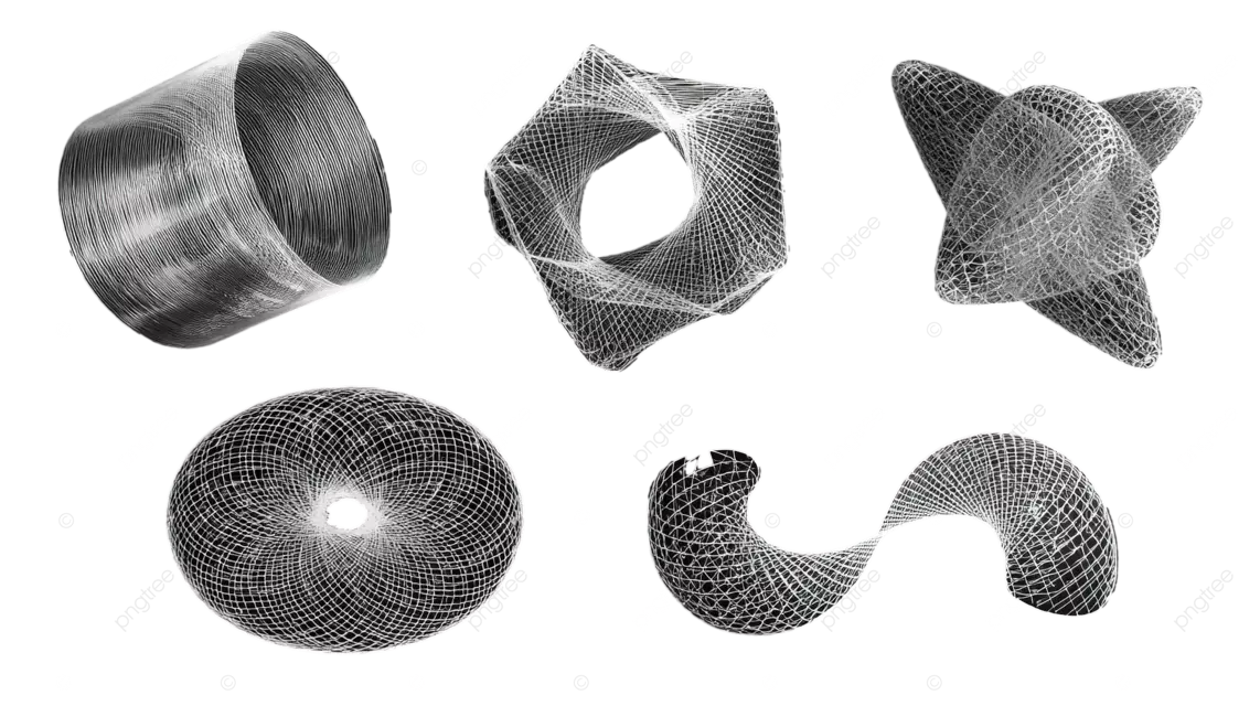 黑色背景上的多个由线条组成的三维几何图形