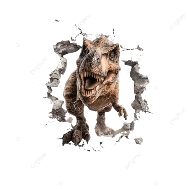 霸王龙破墙而出，白色背景，高分辨率纹理和细节