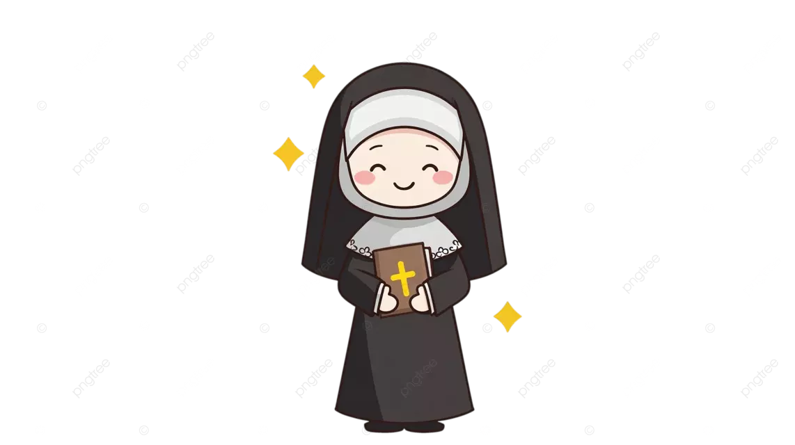一位面带微笑的修女，身穿黑色修女服，手中拿着一本带有黄色十字架的书。