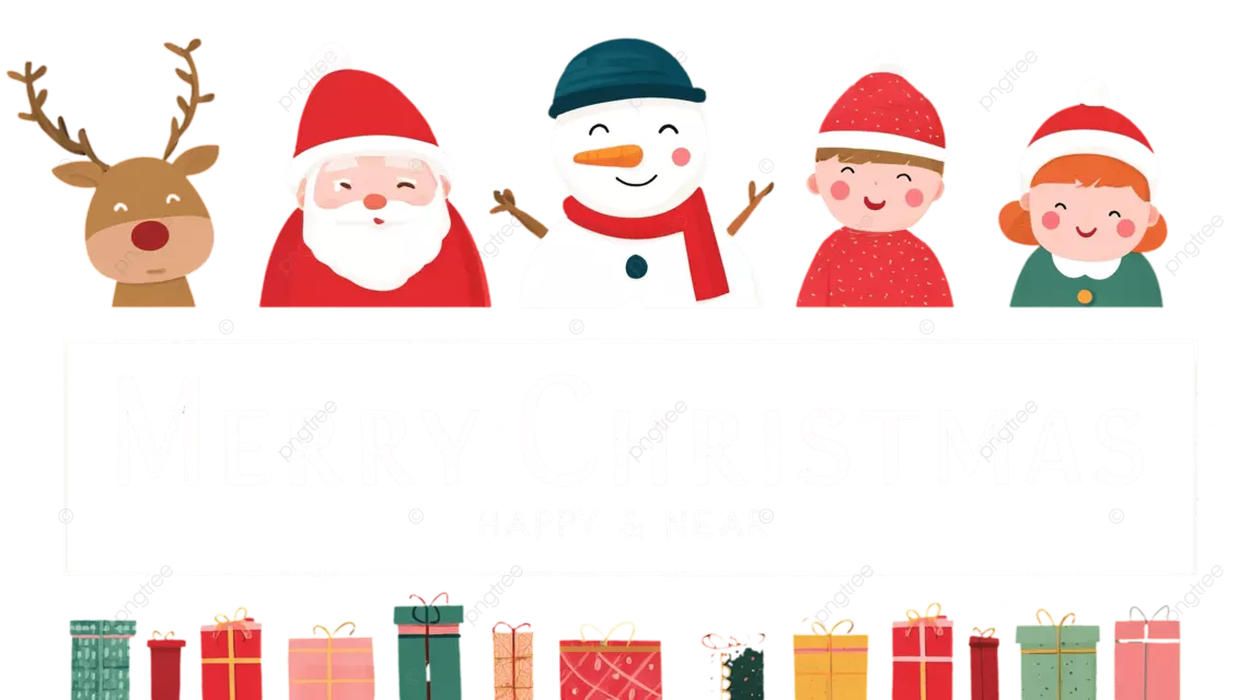 充满节日气氛的圣诞场景，有雪人 圣诞老人 孩子们和色彩缤纷的礼物。