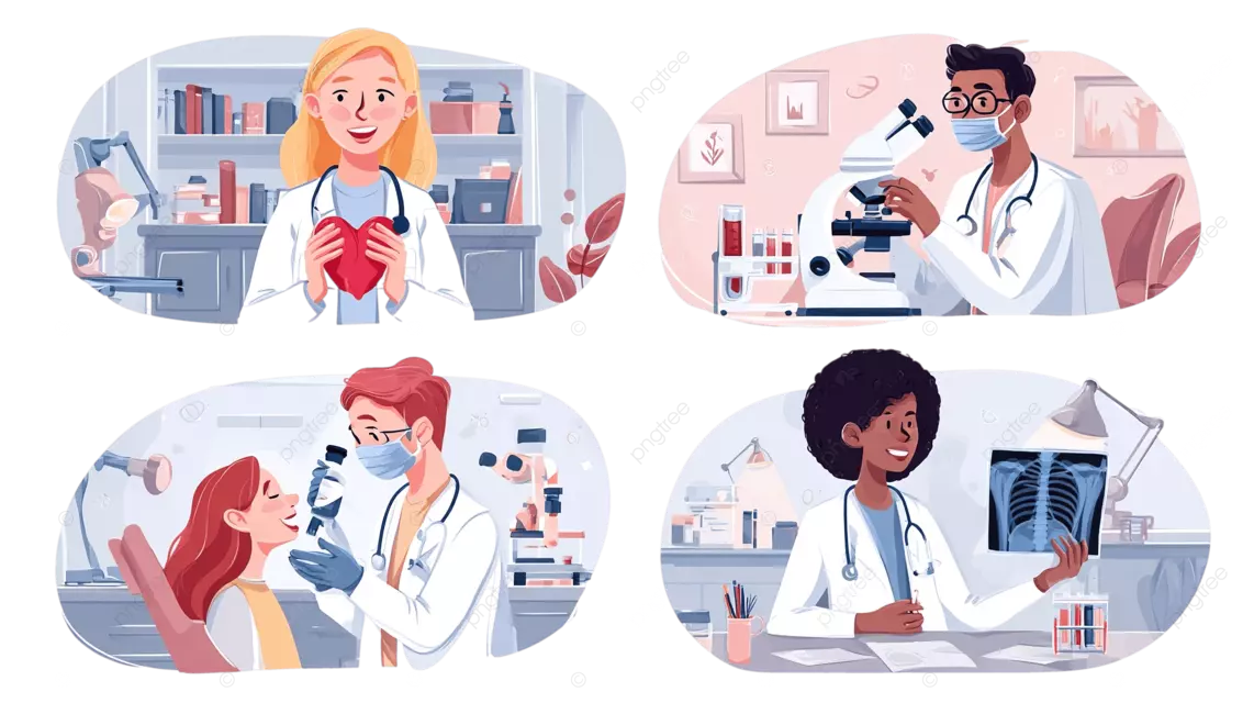 四个医疗场景：医生进行心脏显微镜检查 口腔检查和X光检查