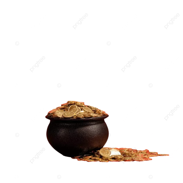 手持金币将锅放在倒满的锅中，逼真的金币红色背景皇家感觉