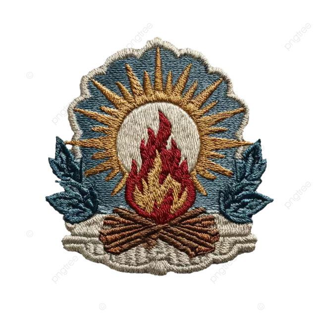 带有篝火的太阳标志在中立背景中，灰色灰色红色黄金白色蓝色