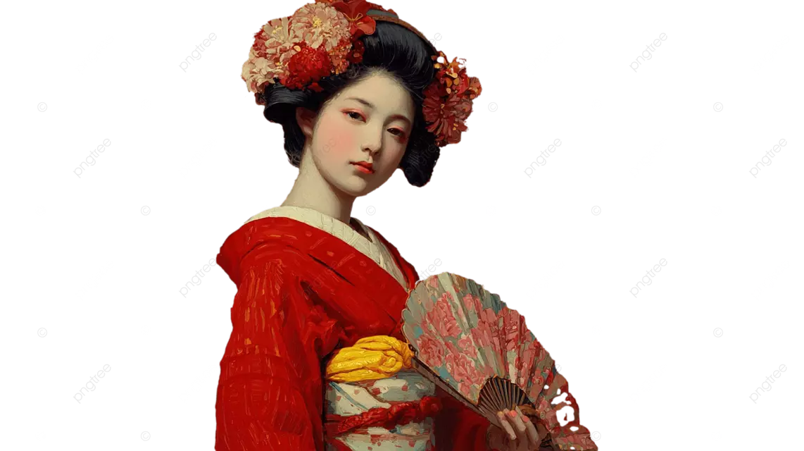 一位身着红白和服 手持花扇的优雅艺伎