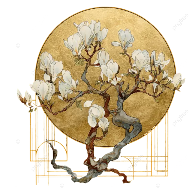 壮观的新艺术风格几何线条图像，流畅的线条，春天盛开的白玉兰树，黑色背景，树枝后面有金色圆盘，金色点缀，钢笔和酒精墨水