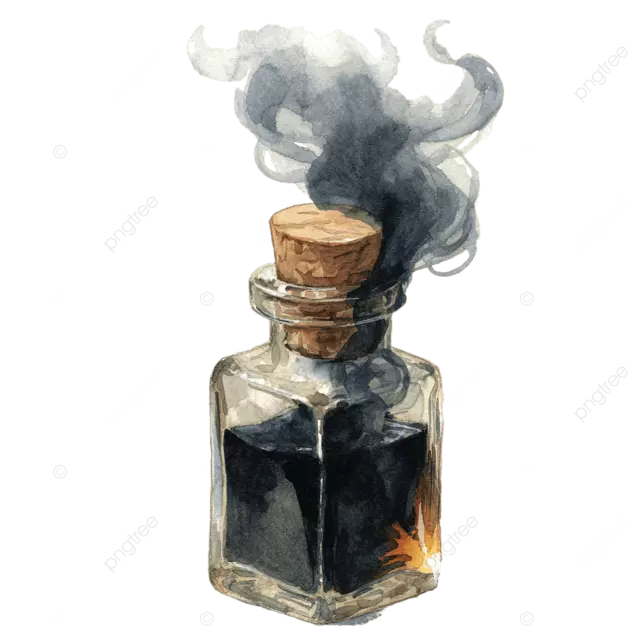 水晶黑色小瓶，配有木质瓶塞和淡淡的烟雾，采用 DND 水彩风格