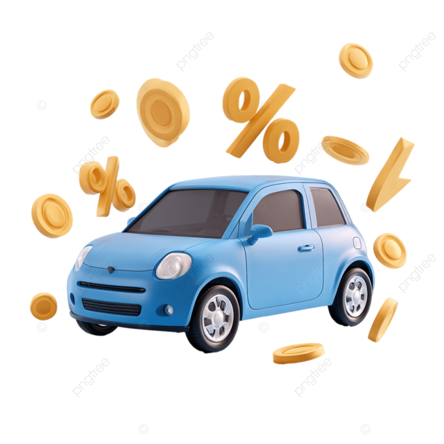 简约 3D 插图中蓝色紧凑型汽车图标周围环绕着金融符号