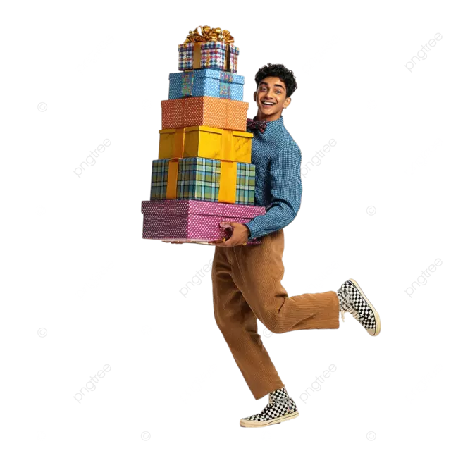 开朗的印度男人拿着一堆五颜六色的礼物穿着蓝色衬衫