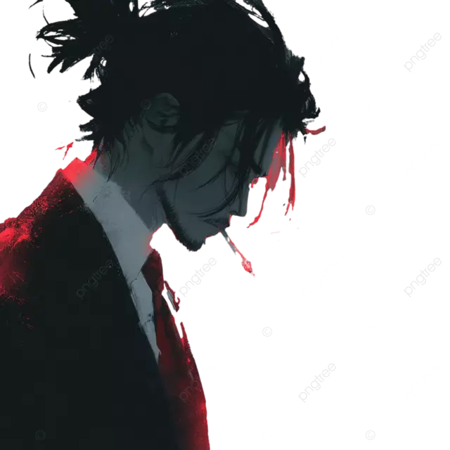 身穿黑色西装 留着动漫发型的男子正在抽烟，烟雾呈红色。