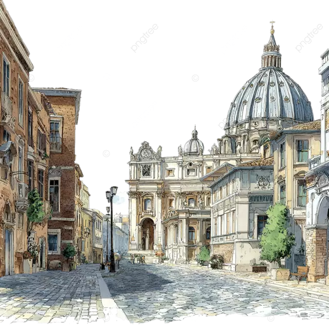 梵蒂冈城复古故事书插图手绘水墨水彩华丽的建筑