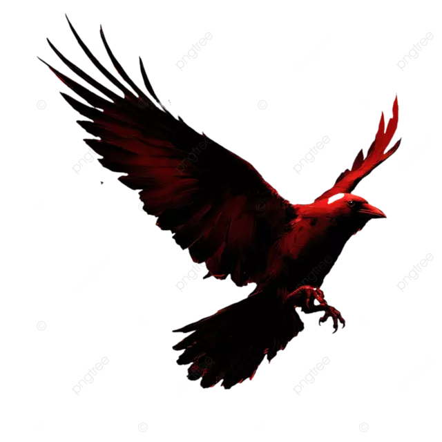 黑渡鸦展开双翼，红色背景，戏剧性的电影灯光效果