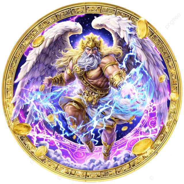 宙斯，雷神，长着金色的翅膀，手握闪电，周围环绕着金币和蓝色的火云