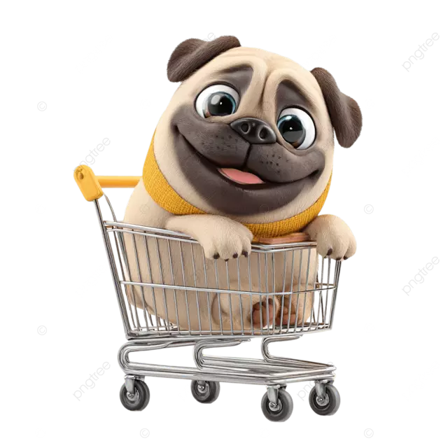 3d 卡通哈巴狗在白色背景上滚动空购物车