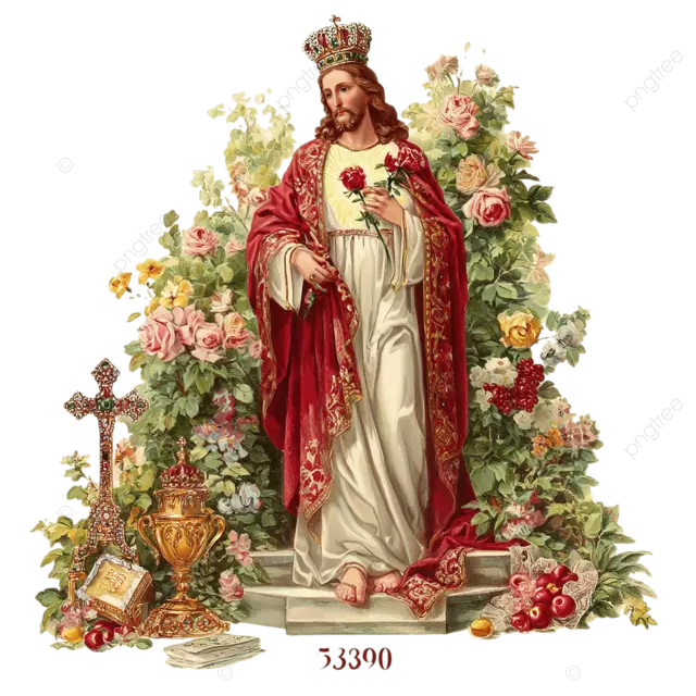 耶稣基督在神圣的心中，神圣的爱，长袍，王冠，绿宝石，钻石，手捧玫瑰花走下楼梯，金色香炉，十字架，红宝石，蓝宝石，珍珠