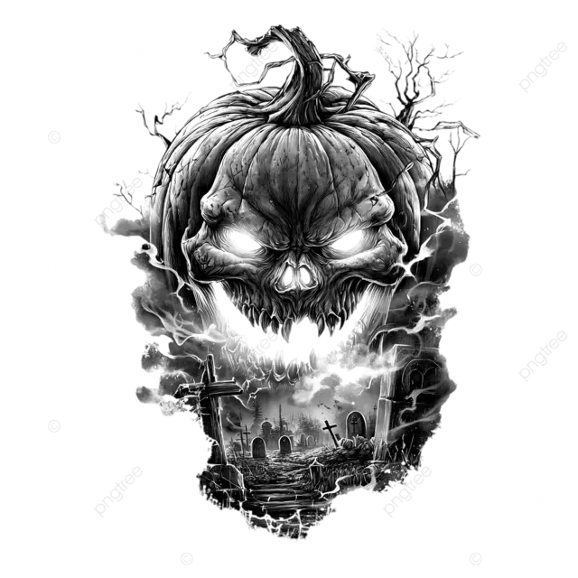 超逼真的德古拉骷髅南瓜灯纹身设计，带有墓地和烟雾元素。