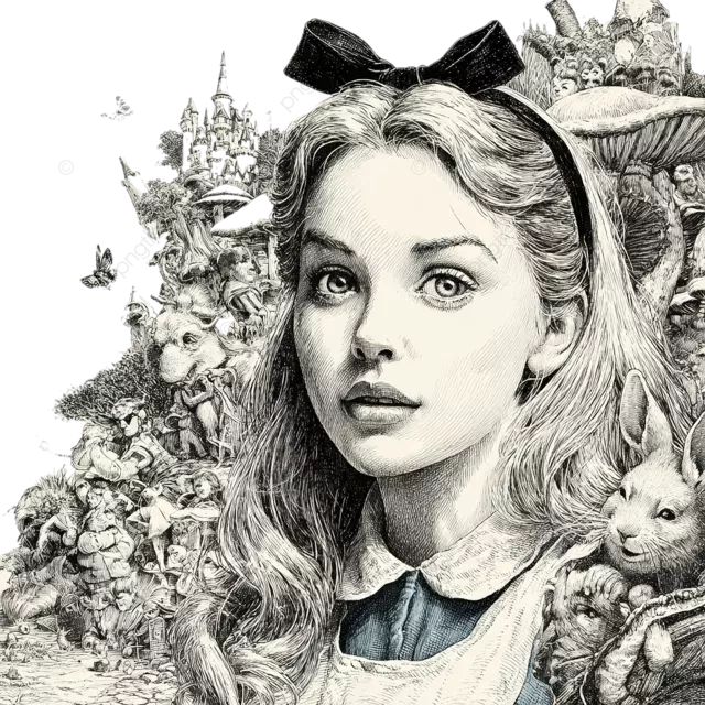 爱丽丝梦游仙境墨水插图单色详细线条超现实异想天开的经典童话氛围富有想象力的世界迷人冒险爱丽丝复杂纹理复古神奇生物标志性场景