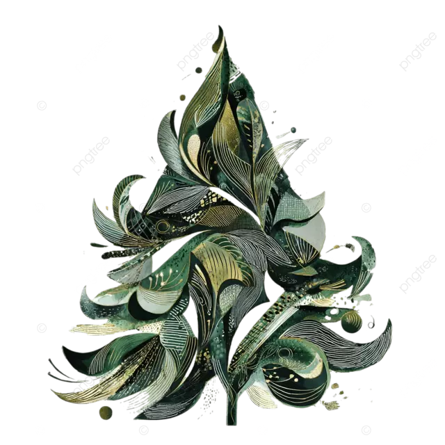 中世纪极简主义风格的圣诞树插图，白色背景上采用绿色和金属箔