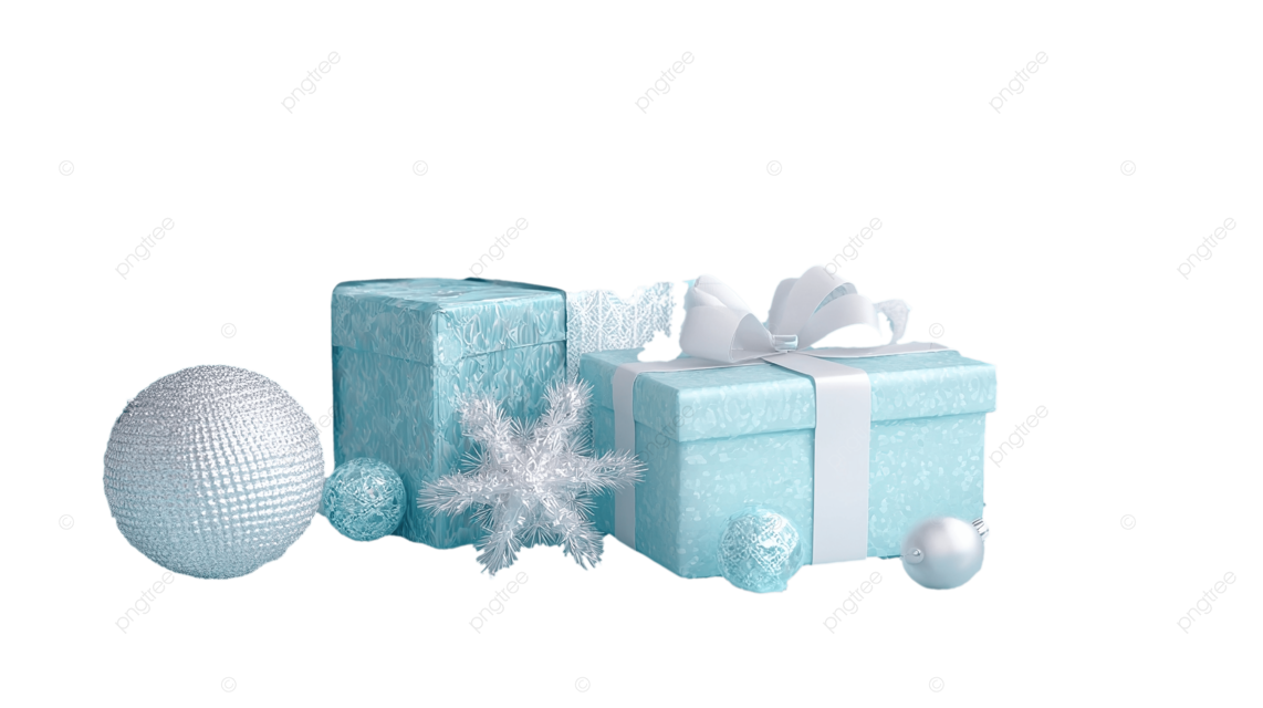 节日3D圣诞礼物和银色装饰品在浅蓝色背景上