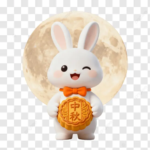 卡通3D月饼兔子微笑中秋团圆夜剪纸画