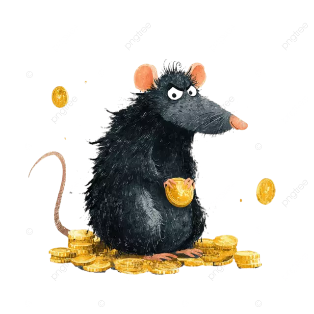 贪婪愤怒的老鼠，秃头，双眼圆溜溜的，囤积着金币。