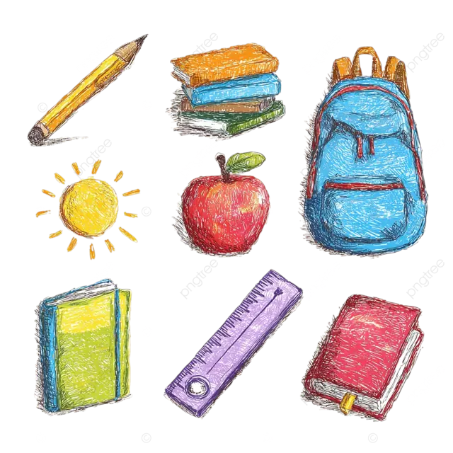 矢量返回学校对象儿童绘画样式的彩色铅笔纹理