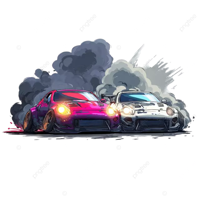 带有黑暗边缘徽标的烟雾风格的卡通中漂流的汽车