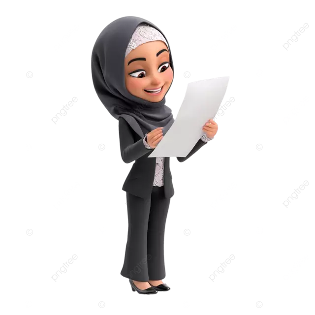 3D 卡通穆斯林妇女穿着西装戴着头巾阅读报纸快乐表情白色背景 png 风格
