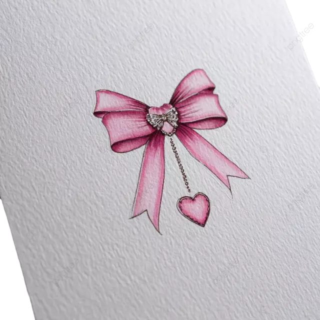 水彩风格的粉色丝带蝴蝶结，搭配心形吊坠。