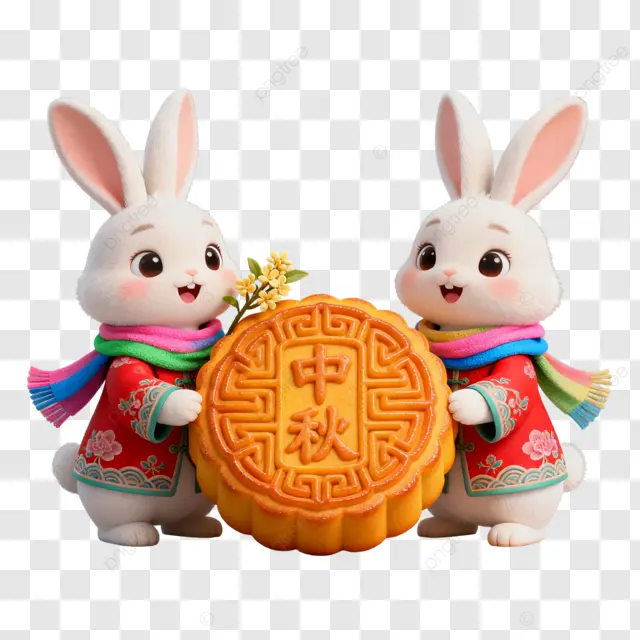 卡通3D兔子月饼传统服饰中秋节团圆夜剪纸画