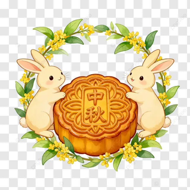 卡通水彩桂花花环兔子月饼中秋节团圆夜剪纸画