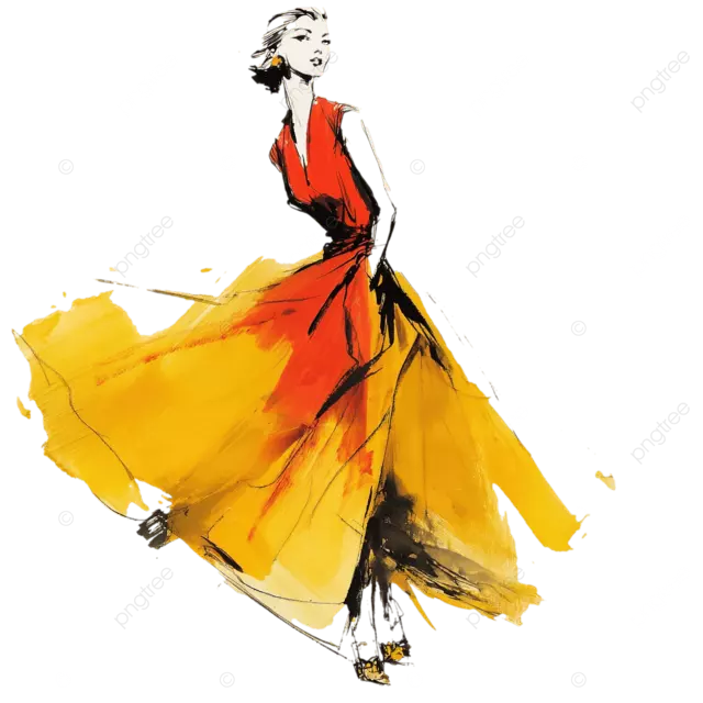 身着猩红色和金色丝绸 笔触大胆的时尚人物