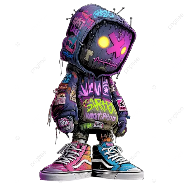 身着嘻哈服饰 脚踩霓虹涂鸦 Vans 的巫毒娃娃插画师