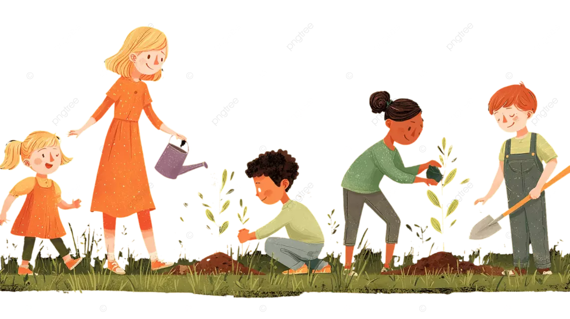 一群人在户外植树，一位身穿橙色衣服的女士指导孩子们浇水和种植树苗