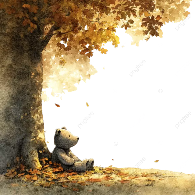 秋天的泰迪熊在秋天的树软粉彩插图下