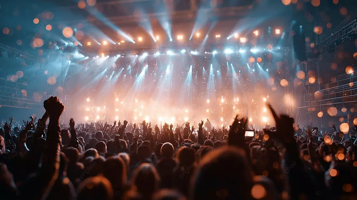 演唱会舞台灯光耀眼，观众热情高涨，气氛活跃