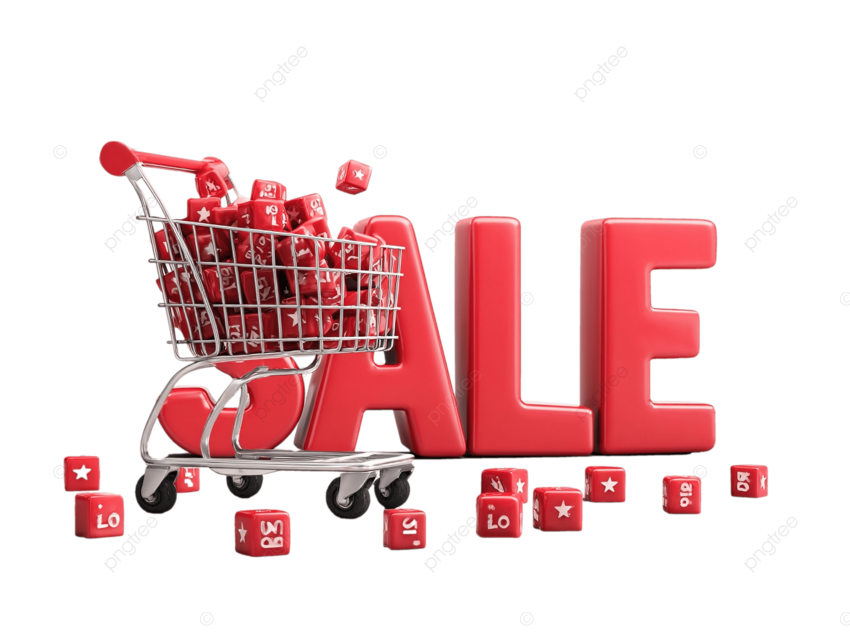 3D销售文字，带有卡通风格的购物车