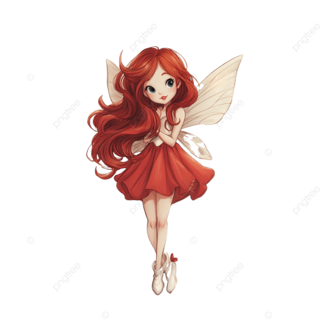 可爱的红发女郎女孩穿着红色连衣裙和白色鞋子