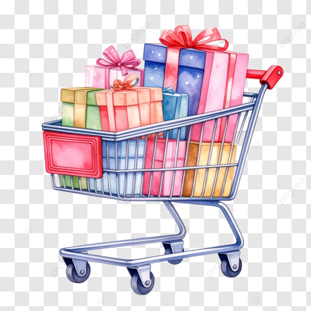 各种色彩的礼物盒装满购物车水彩画