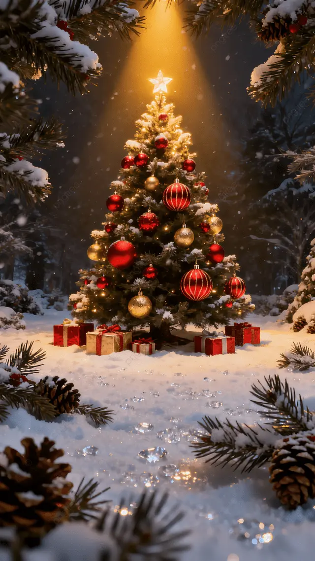 圣诞节绿色圣诞树红礼创意雪背景