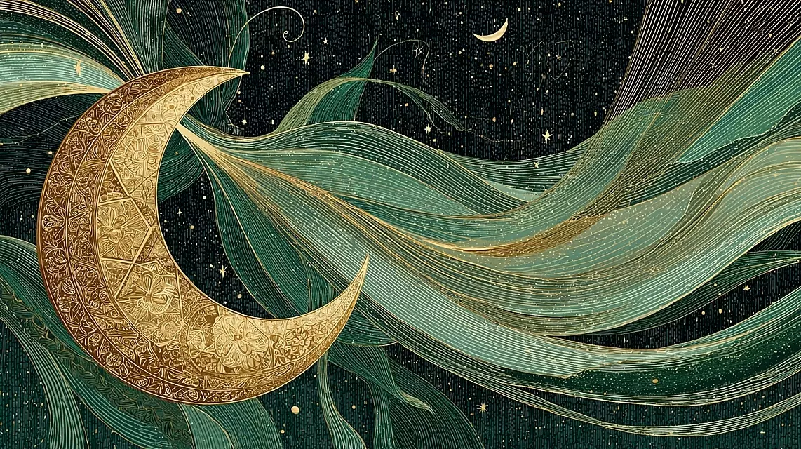 深绿色星空，带有金新月和流动的绿灯带