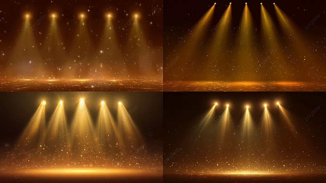 梦幻般的舞台照明，黄色聚光灯和深棕色背景上的闪烁星星