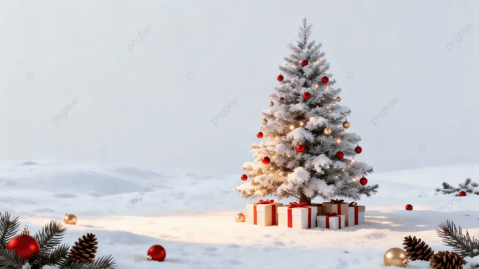 圣诞节白色圣诞树雪景红礼背景